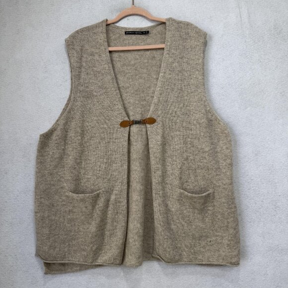 Gudrun Sjödén Vest Womens XXL Beige Wool Open Front Toggle Pockets Heathered - Picture 1 of 10